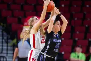 Nebraska Cornhuskers forward Natalie Potts (22) steals the ball away from Northwestern State Lady Demons guard Carla Celaya (15) in the fourth quarter during a college basketball game on Monday, November 6, 2023, in Lincoln, Nebraska. Photo by John S. Peterson.