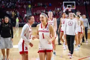 Nebraska Cornhusker Jaz Shelley heads to the lockerroom with Darian White after the win against the Northwestern State Lady Demons during a college basketball game on Monday, November 6, 2023, in Lincoln, Nebraska. Photo by John S. Peterson.