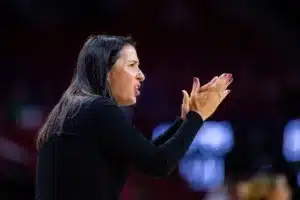 Nebraska Cornhuskers head coach Amy Williams reacts to the action on the court against the Northwestern State Lady Demons in the fourth quarter during a college basketball game on Monday, November 6, 2023, in Lincoln, Nebraska. Photo by John S. Peterson.