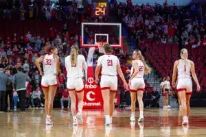 Nebraska Cornhuskers walk down the court after a break in play against the Northwestern State Lady Demons in the third quarter during a college basketball game on Monday, November 6, 2023, in Lincoln, Nebraska. Photo by John S. Peterson.