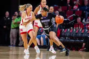 Nebraska Cornhuskers guard Jaz Shelley (1) defends against Northwestern State Lady Demons guard Niaisya Ervin (33) in the third quarter during a college basketball game on Monday, November 6, 2023, in Lincoln, Nebraska. Photo by John S. Peterson.