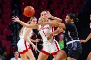 Nebraska Cornhuskers guard Jaz Shelley (1) defends against Northwestern State Lady Demons guard Niaisya Ervin (33) in the third quarter during a college basketball game on Monday, November 6, 2023, in Lincoln, Nebraska. Photo by John S. Peterson.