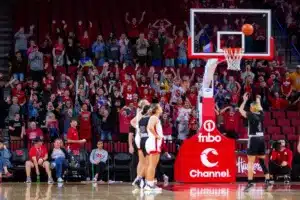 Nebraska Cornhusker fans making noise when Northwestern State Lady Demons guard Karmelah Dean (4) tries for a free throw in the fourth quarter during a college basketball game on Monday, November 6, 2023, in Lincoln, Nebraska. Photo by John S. Peterson.