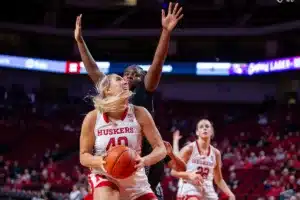 Nebraska Cornhuskers center Alexis Markowski (40) drive to the basket against the Northwestern State Lady Demons in the fourth quarter during a college basketball game on Monday, November 6, 2023, in Lincoln, Nebraska. Photo by John S. Peterson.