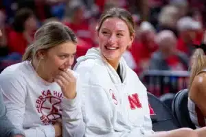 Nebraska Cornhusker Maggie Mendelson hanging out on the bench against the Northwestern State Lady Demons during a college basketball game on Monday, November 6, 2023, in Lincoln, Nebraska. Photo by John S. Peterson.