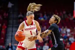 Nebraska Cornhuskers guard Jaz Shelley (1) drive to the basket against Northwestern State Lady Demons guard Jiselle Woodson (3) in the fourth quarter during a college basketball game on Monday, November 6, 2023, in Lincoln, Nebraska. Photo by John S. Peterson.