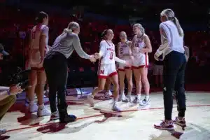 Nebraska Cornhuskers guard Darian White (0) introduced to the fans before the game against the Northwestern State Lady Demons during a college basketball game on Monday, November 6, 2023, in Lincoln, Nebraska. Photo by John S. Peterson.
