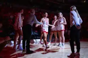 Nebraska Cornhuskers guard Jaz Shelley (1) introduced to the fans before the game against the Northwestern State Lady Demons on Monday, November 6, 2023, in Lincoln, Nebraska. Photo by John S. Peterson.