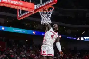Nebraska Cornhusker forward Juwan Gary (4) dunks the ball against the South Carolina State Bulldogs in the first half during a college basketball game on Friday, December 29, 2023, in Lincoln, Nebraska. Photo by John S. Peterson.
