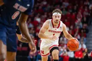 Nebraska Cornhusker guard Sam Hoiberg (1) dribbles the ball down the court against the South Carolina State Bulldogs in the first half during a college basketball game on Friday, December 29, 2023, in Lincoln, Nebraska. Photo by John S. Peterson.
