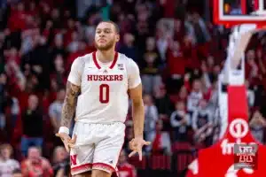 Nebraska Cornhusker guard Keisei Tominaga (30) celebrates a three point shot in the second half against the North Dakota Fighting Hawks during a college basketball game Wednesday, December 20, 2023, in Lincoln, Nebraska. Photo by John S. Peterson.