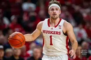 Nebraska Cornhusker guard Sam Hoiberg (1) on a fast break for a layup agianst the North Dakota Fighting Hawks in the first half during a college basketball game Wednesday, December 20, 2023, in Lincoln, Nebraska. Photo by John S. Peterson.