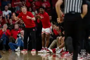 Nebraska Cornhusker forward Rienk Mast, left, sat out do to an injury during a college basketball game against the North Dakota Fighting Hawks Wednesday, December 20, 2023, in Lincoln, Nebraska. Photo by John S. Peterson.