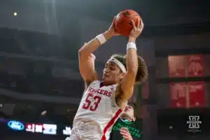 Nebraska Cornhusker forward Josiah Allick (53) grabs the rebound against North Dakota Fighting Hawk forward Amar Kuljuhovic (3) in the first half during a college basketball game Wednesday, December 20, 2023, in Lincoln, Nebraska. Photo by John S. Peterson.