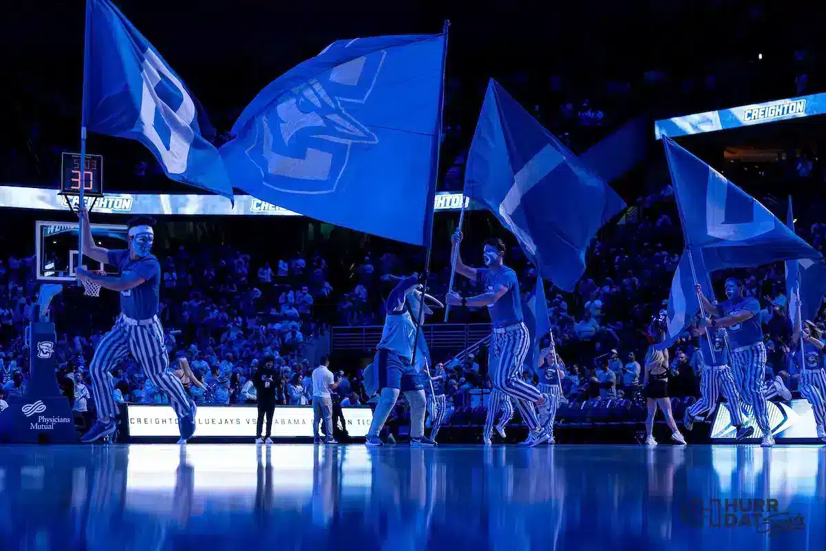 Creighton Bluejays take the court during a game against against the Alabama Crimson Tide at CHI Arena in Omaha, NE December 16th 2023. Photo by Eric Francis