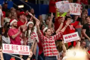 Nebraska Cornhuskers fans celebrate a point against the Pittsburgh Panthers in the first set during the NCAA Semi-Finals, Thursday, December 14, 2023, Tampa, Florida. Photo by John S. Peterson.