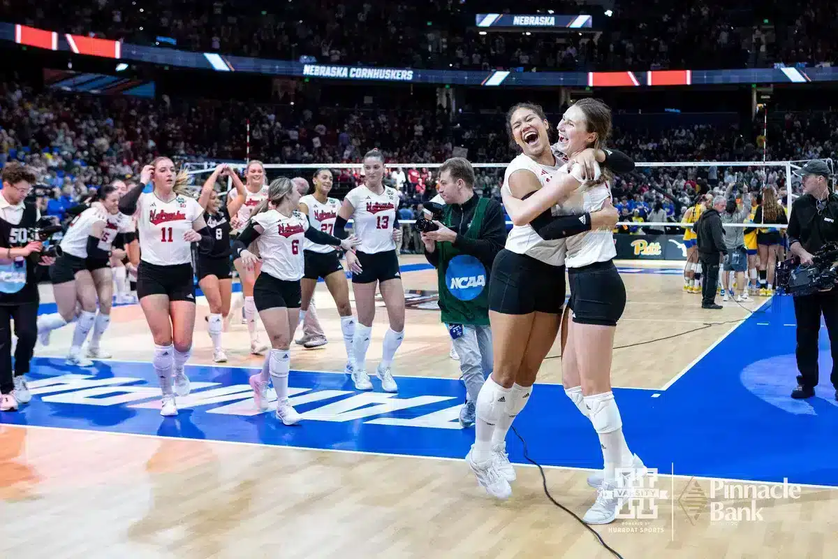 JP231214_VB_Semi_NU_Pitt_0967_WM.jpg Nebraska Cornhusker setter Kennedi Orr (9) and Nebraska Cornhusker setter Bergen Reilly (2) celebrate the win over the Pittsburgh Panthers in three sets during the NCAA Semi-Finals, Thursday, December 14, 2023, Tampa, Florida. Photo by John S. Peterson.