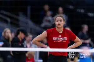 Nebraska Cornhusker middle blocker Bekka Allick (5) working drills during open practice before the NCAA Semi-Finals, Wednesday, December 13, 2023, Tampa, Florida. Photo by John S. Peterson.