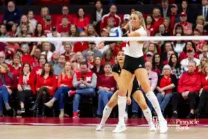 Nebraska Cornhusker Ally Batenhorst (14) digs the ball against Georgia Tech Yellow Jackets in the second set during the third round in the NCAA Volleyball Championship match Thursday, December 7, 2023, Lincoln, Neb. Photo by John S. Peterson.