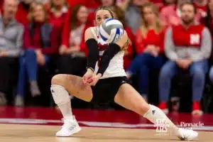 Nebraska Cornhusker Laney Choboy (6) digs the ball against the Georgia Tech Yellow Jackets in the second set during the third round in the NCAA Volleyball Championship match Thursday, December 7, 2023, Lincoln, Neb. Photo by John S. Peterson.