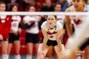 Nebraska Cornhusker Bergen Reilly (2) ready for a serve from the Georgia Tech Yellow Jackets in the second set during the third round in the NCAA Volleyball Championship match Thursday, December 7, 2023, Lincoln, Neb. Photo by John S. Peterson.