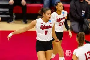 Nebraska Cornhusker Bekka Allick (5) points down after scoring a point against the Georgia Tech Yellow Jackets in the third set during the third round in the NCAA Volleyball Championship match Thursday, December 7, 2023, Lincoln, Neb. Photo by John S. Peterson.