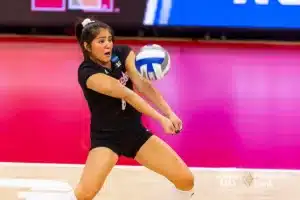 Nebraska Cornhusker Lexi Rodriguez (8) digs the ball against the Georgia Tech Yellow Jackets in the first set during the third round in the NCAA Volleyball Championship match Thursday, December 7, 2023, Lincoln, Neb. Photo by John S. Peterson.