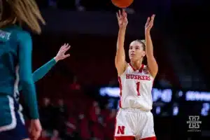 Nebraska Cornhusker guard Jaz Shelley (1) makes a three against the UNC Wilmington Seahawks in the first half during a college basketball game Tuesday, December 5, 2023, in Lincoln, Neb. Photo by John S. Peterson.