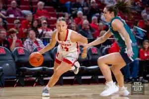 Nebraska Cornhusker guard Callin Hake (14) drives to the lane against the UNC Wilmington Seahawks in the first quarter during a college basketball game Tuesday, December 5, 2023, in Lincoln, Neb. Photo by John S. Peterson.