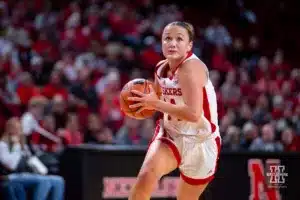 Nebraska Cornhusker guard Callin Hake (14) drives in for a lay up against the UNC Wilmington Seahawks in the first half during a college basketball game Tuesday, December 5, 2023, in Lincoln, Neb. Photo by John S. Peterson.