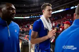 Creighton Bluejay center Ryan Kalkbrenner (11) heads back to the locker room after their win over the Nebraska Cornhuskers during the men’s college basketball game on Sunday, December 3, 2023, in Lincoln, Neb. Photo by John S. Peterson.