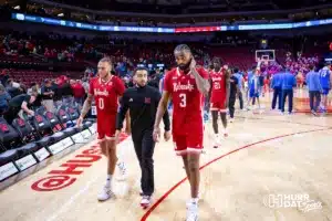 Nebraska Cornhuskers head back to the locker room after the loss to the Creighton Bluejays during the men’s college basketball game on Sunday, December 3, 2023, in Lincoln, Neb. Photo by John S. Peterson.