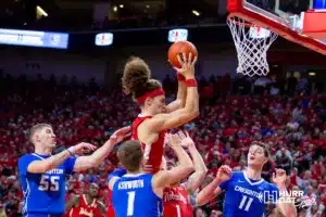Nebraska Cornhusker forward Josiah Allick (53) grabs the rebound against the Creighton Bluejays in the second half during the men’s college basketball game on Sunday, December 3, 2023, in Lincoln, Neb. Photo by John S. Peterson.