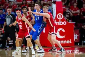 Nebraska Cornhusker forward Rienk Mast (51) guards Creighton Bluejay center Ryan Kalkbrenner (11) in the second half during the men’s college basketball game on Sunday, December 3, 2023, in Lincoln, Neb. Photo by John S. Peterson.