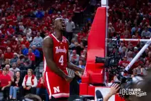 Nebraska Cornhusker forward Juwan Gary (4) celebrates a basket against the Creighton Bluejays in the second half during the men’s college basketball game on Sunday, December 3, 2023, in Lincoln, Neb. Photo by John S. Peterson.
