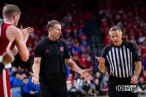 Nebraska Cornhusker head coach Fred Hoiberg talks with the referee against the Creighton Bluejays in the first half during the men’s college basketball game on Sunday, December 3, 2023, in Lincoln, Neb. Photo by John S. Peterson.