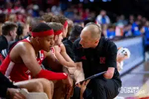 Nebraska Cornhusker guard Jarron Coleman (9) talks with assistant coach Nate Loenser in the first half against the Creighton Bluejays  during the men’s college basketball game on Sunday, December 3, 2023, in Lincoln, Neb. Photo by John S. Peterson.