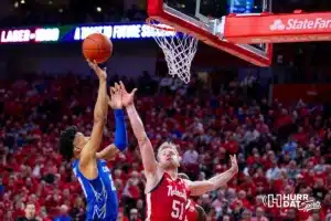 Creighton Bluejay guard Trey Alexander (23) puts up a lay up against Nebraska Cornhusker forward Rienk Mast (51) in the first half during the men’s college basketball game on Sunday, December 3, 2023, in Lincoln, Neb. Photo by John S. Peterson.