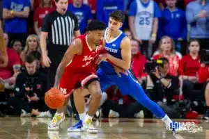 Nebraska Cornhusker guard Jamarques Lawrence (10) dribbles the ball against Creighton Bluejay guard Francisco Farabello (5) in the first half during the men’s college basketball game on Sunday, December 3, 2023, in Lincoln, Neb. Photo by John S. Peterson.