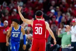 Nebraska Cornhusker guard Keisei Tominaga (30) celebrates a three point shot against the Creighton Bluejays in the first half during the men’s college basketball game on Sunday, December 3, 2023, in Lincoln, Neb. Photo by John S. Peterson.