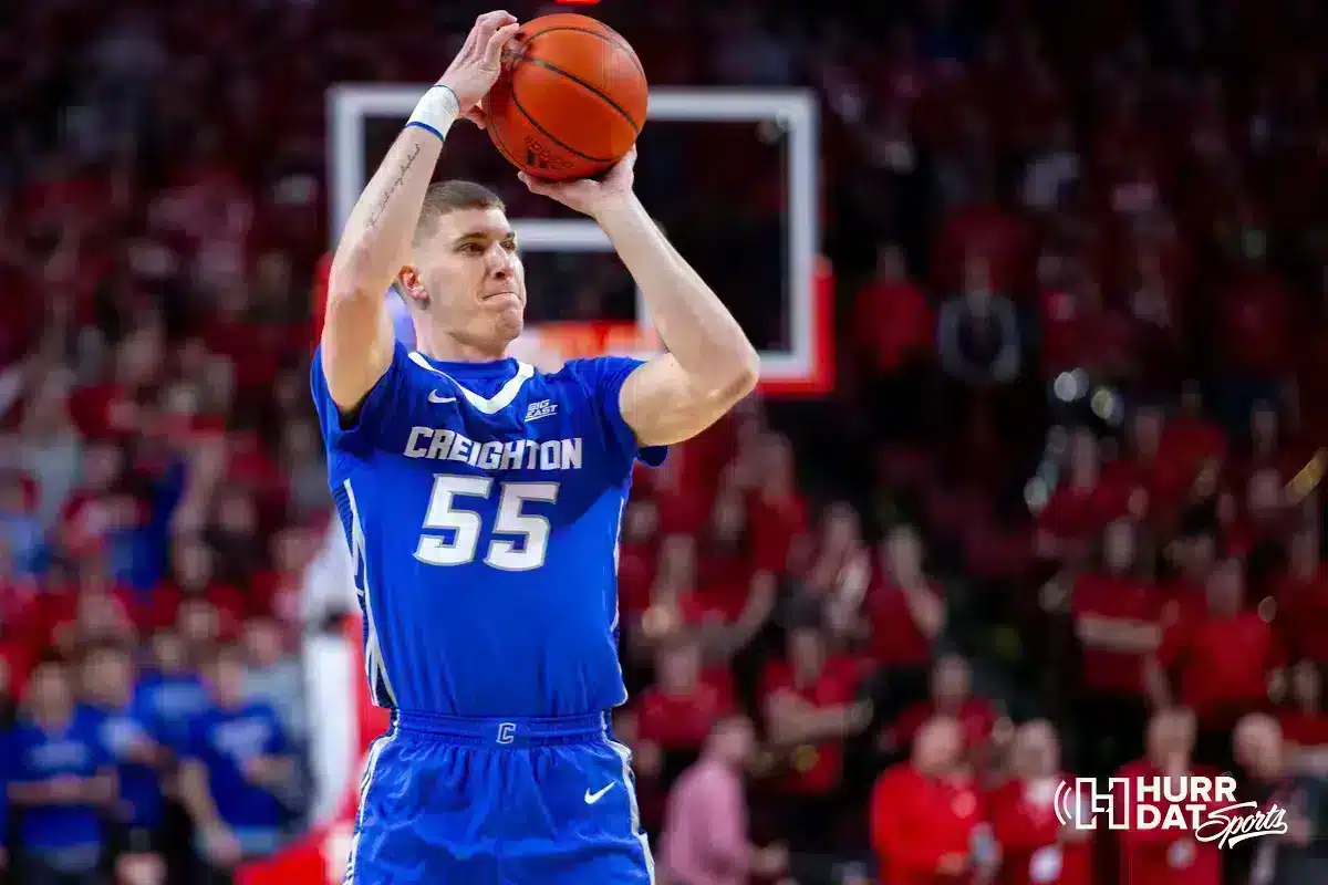 JP231203_MBB_NU_v_CU_1330.jpg Creighton Bluejay guard Baylor Scheierman (55) makes a three point shot in the first half against the Nebraska Cornhuskers during the men’s college basketball game on Sunday, December 3, 2023, in Lincoln, Neb. Photo by John S. Peterson.