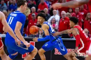 Creighton Bluejay guard Trey Alexander (23) dribbles the ball against Nebraska Cornhusker guard Jamarques Lawrence (10) in the first half during the men’s college basketball game on Sunday, December 3, 2023, in Lincoln, Neb. Photo by John S. Peterson.
