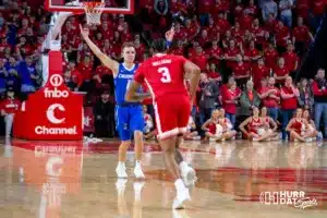 Creighton Bluejay guard Steven Ashworth (1) celebrates a three point shot against the Nebraska Cornhuskers in the first half during the men’s college basketball game on Sunday, December 3, 2023, in Lincoln, Neb. Photo by John S. Peterson.