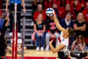 Nebraska Cornhusker Bekka Allick (5) spikes the ball against the Missouri Tigers in the third set during the second round of the NCAA volleyball championships on Saturday, December 2, 2023, in Lincoln, Neb. Photo by John S. Peterson.