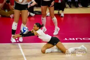 Nebraska Cornhusker Harper Murray (27) dives for a dig against the Missouri Tigers in the third set during the second round of the NCAA volleyball championships on Saturday, December 2, 2023, in Lincoln, Neb. Photo by John S. Peterson.