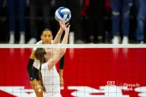 Nebraska Cornhusker Bergen Reilly (2) sets the ball against the Missouri Tigers in the first set during the second round of the NCAA volleyball championships on Saturday, December 2, 2023, in Lincoln, Neb. Photo by John S. Peterson.