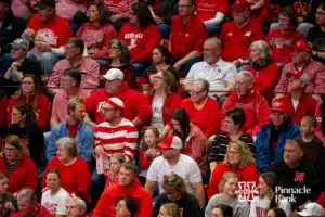 Nebraska fans watching the match between the Nebraska Cornhuskers and the Missouri Tigers during the second round of the NCAA volleyball championships on Saturday, December 2, 2023, in Lincoln, Neb. Photo by John S. Peterson.