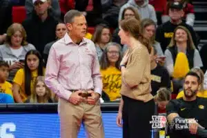 Nebraska Cornhusker head coach talks to Missouri Tiger head coach Dawn Sullivan before the second round of the NCAA volleyball championships on Saturday, December 2, 2023, in Lincoln, Neb. Photo by John S. Peterson.