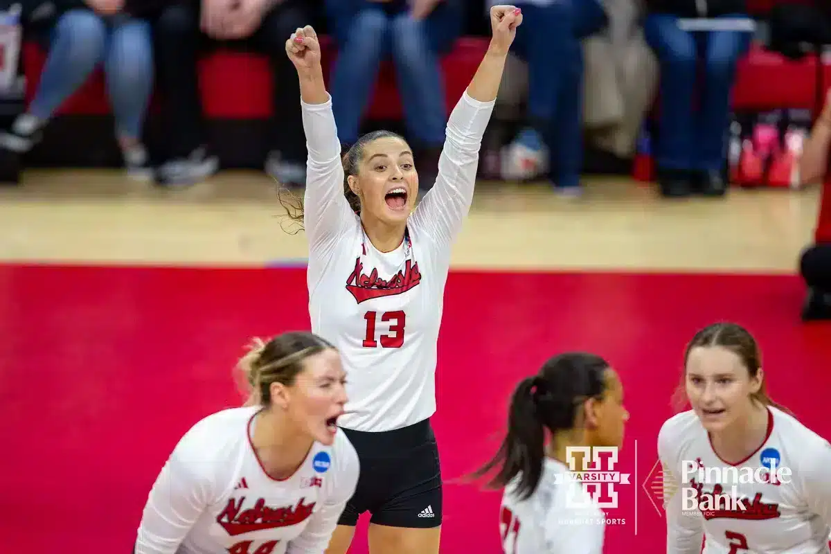 Nebraska Cornhusker Merritt Beason (13) celebrates a point against the Long Island Sharks in the third set during the first round of the NCAA volleyball championships on Friday, December 1, 2023, in Lincoln, Neb. Photo by John S. Peterson.