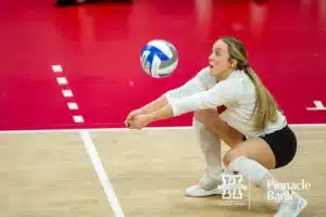 Nebraska Cornhusker Laney Choboy (6) digs the ball against the Long Island Sharks in the third set  during the first round of the NCAA volleyball championships on Friday, December 1, 2023, in Lincoln, Neb. Photo by John S. Peterson.